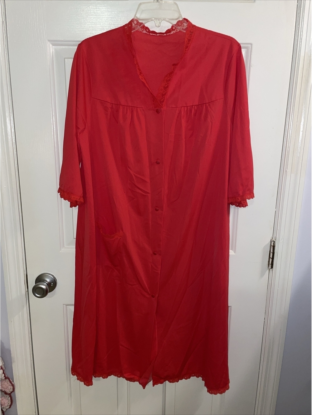 Shadowline Red Midi Nylon Robe Size Large Lace Trim 3/4 Sleeves